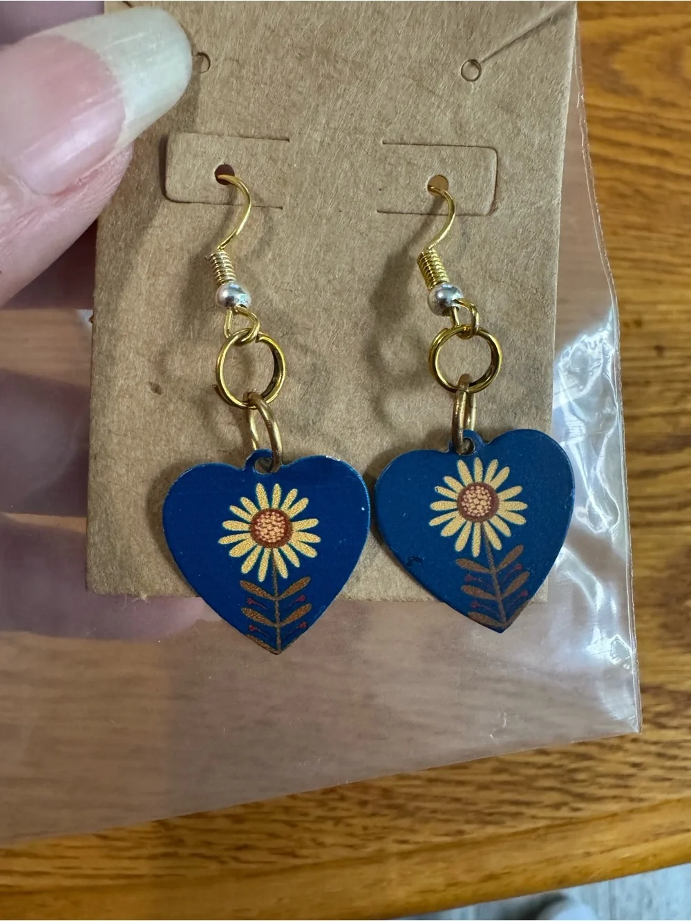 Blue Heart Sunflower Drop Earrings - Gold Accents